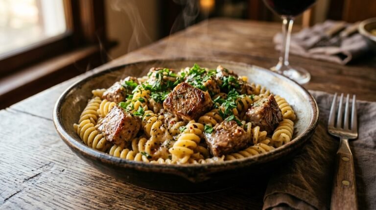 Steak bites with pasta