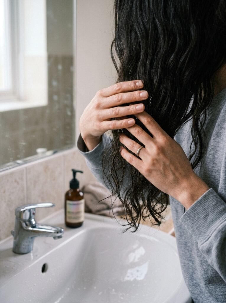 Applying leave-in spray to the mid-lengths of thick hair