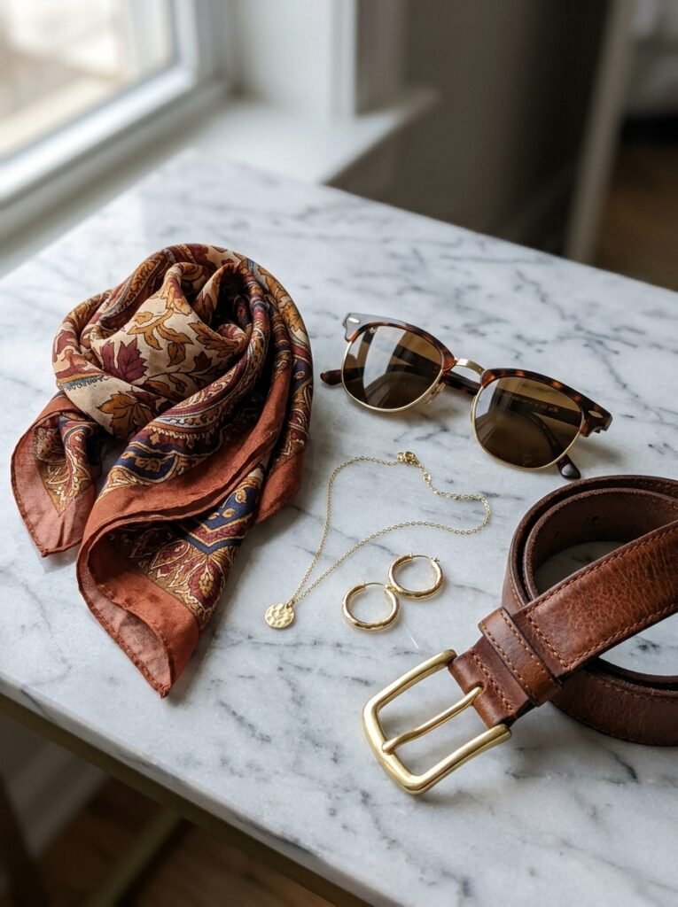 Scarf, gold jewelry, tortoise sunglasses, and leather belt arranged on a marble surface