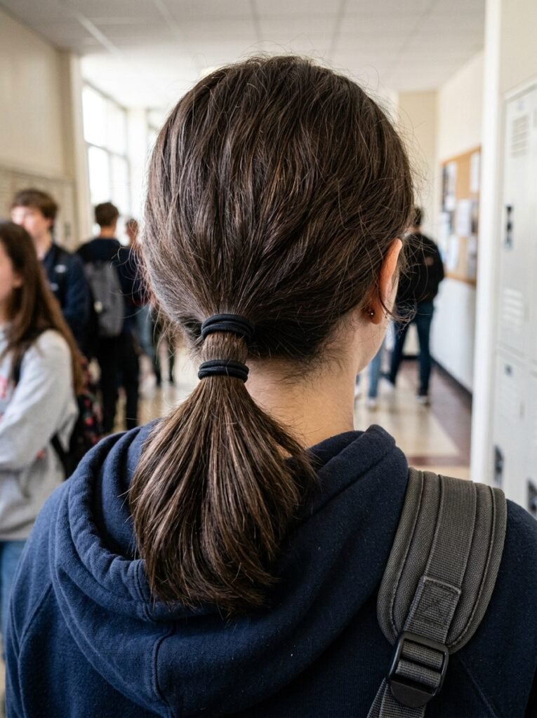 Back view of a secured low ponytail with a backpack strap over the shoulder