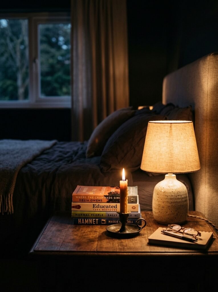 Bedside table with warm lamp light and candle in a cozy bedroom