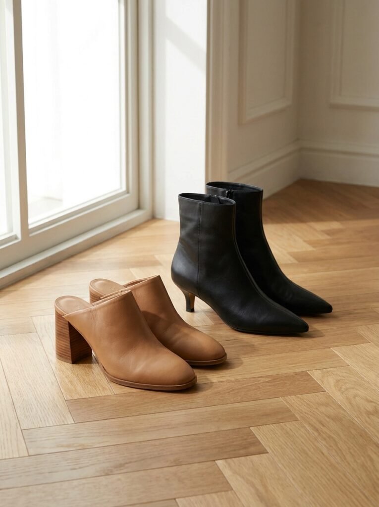 Block heel mules and kitten heel boots placed side by side on a wood floor