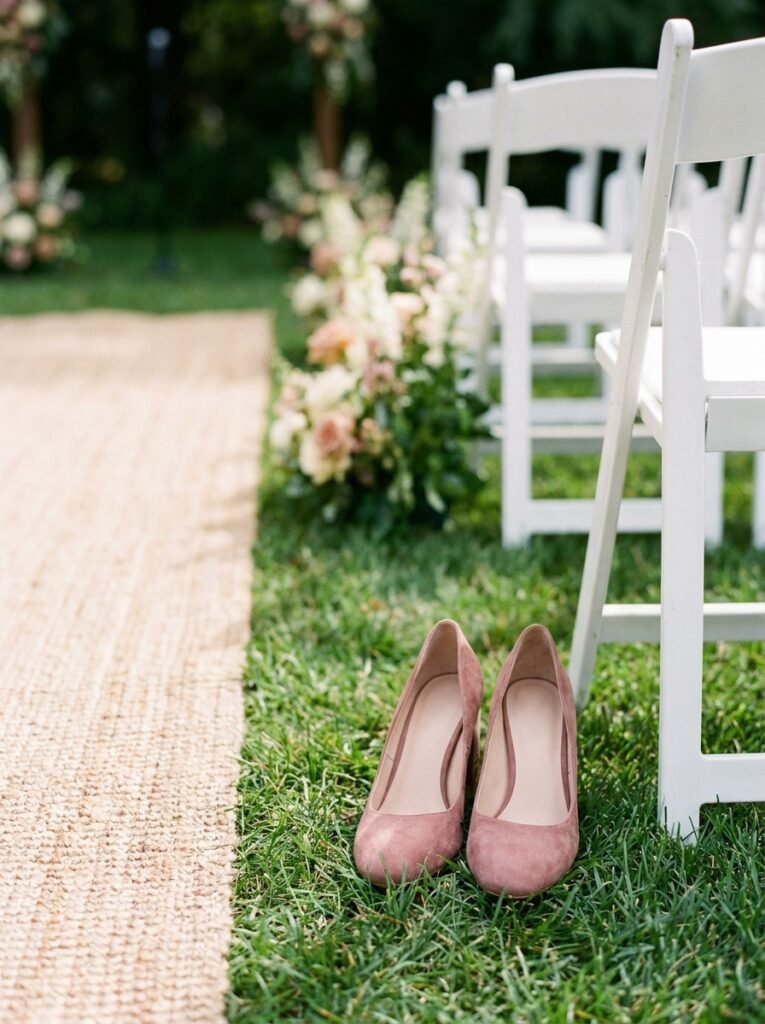 Block-heel suede shoes standing on grass at an outdoor wedding ceremony