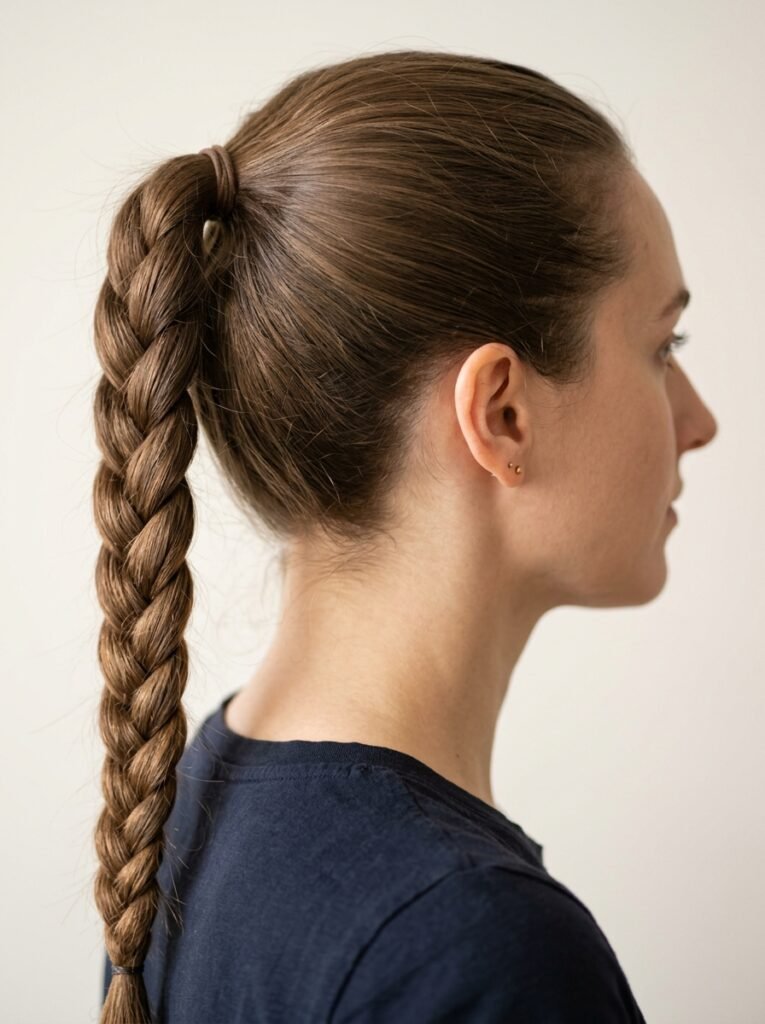 Side view of a three strand braided ponytail on medium brown hair
