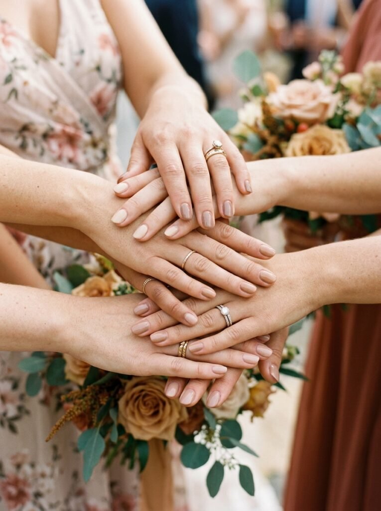 Bridal party hands showing coordinated warm-toned minimalist manicures