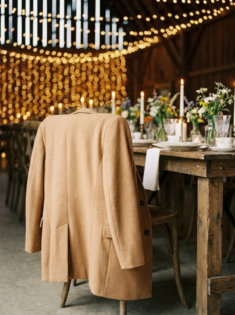 Camel wool coat draped over a chair at a fall wedding reception