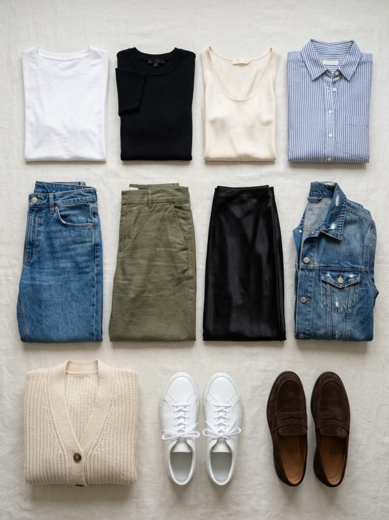 Capsule wardrobe flat lay with tops, jeans, trousers, skirt, layers, and two pairs of shoes