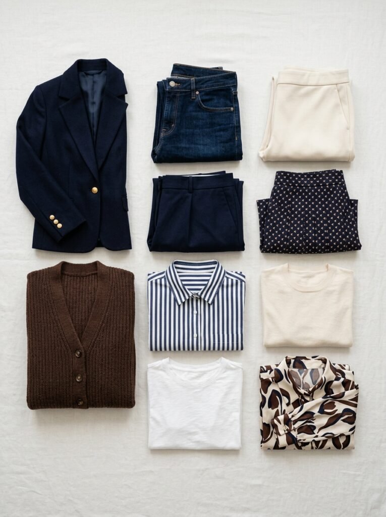 Photorealistic overhead flat lay of a ten piece capsule wardrobe in navy, chocolate, cream and white, trousers, ponte pants, dark jeans, midi skirt, two knit tees, striped shirt, printed blouse, shirt dress, cardigan and blazer folded in a grid, plain background, even soft lighting, realistic fabric texture, no text