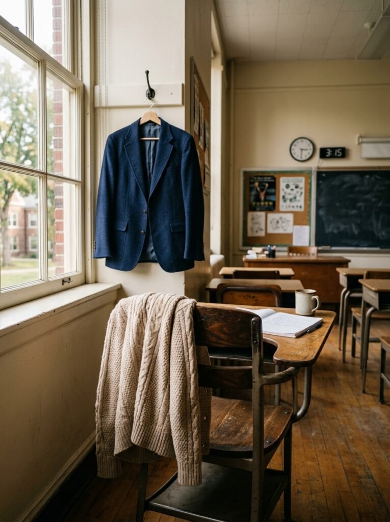 Cardigan draped over a classroom chair with a blazer hanging nearby