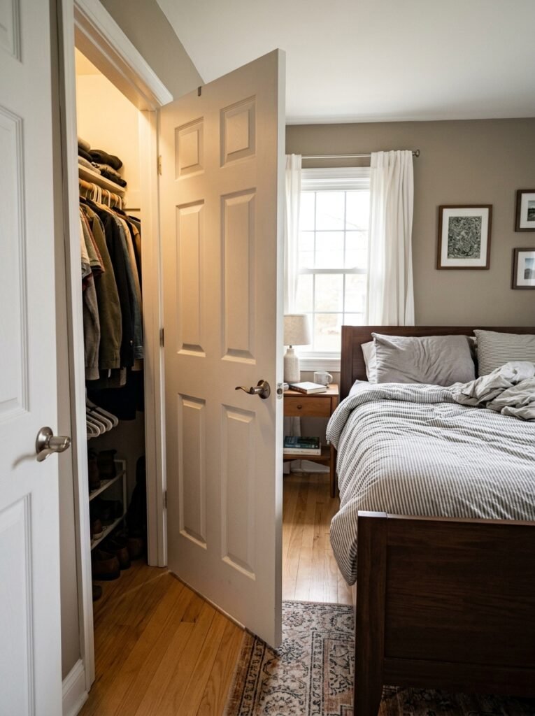 Closet door swing clearance beside a queen bed in a small bedroom