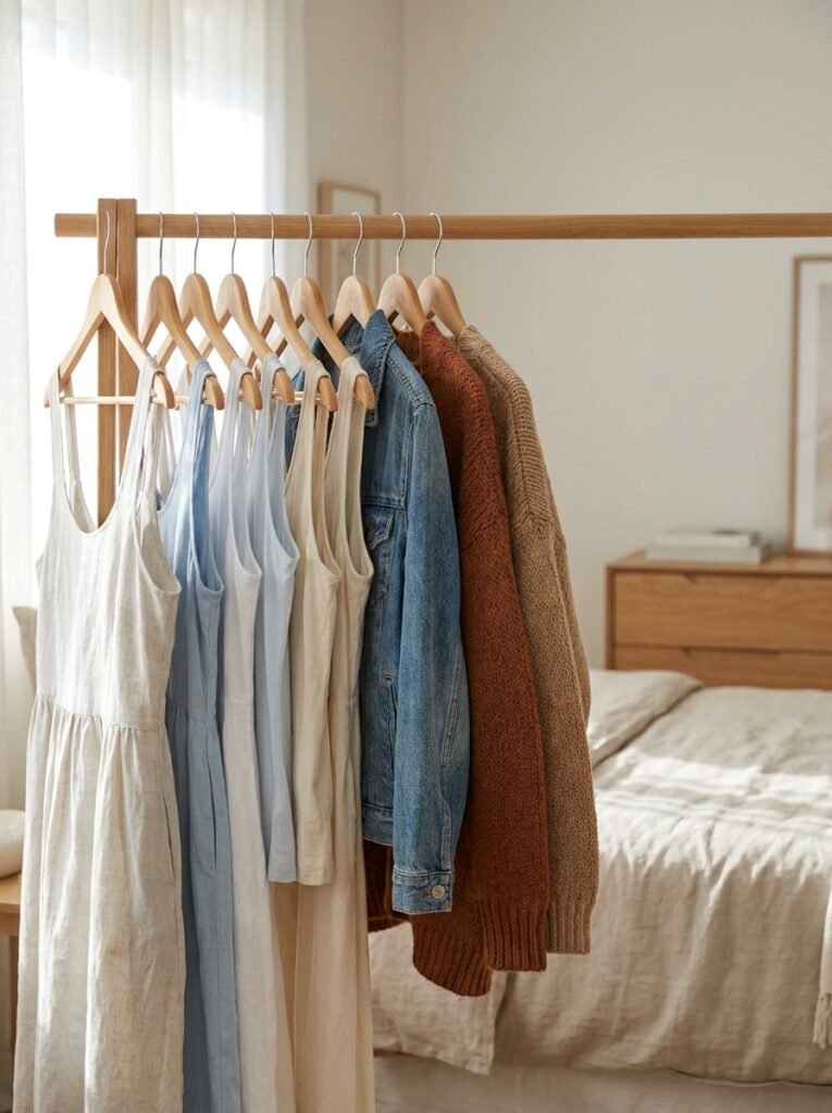 Clothing rail holding summer dresses beside a denim jacket and knit cardigan