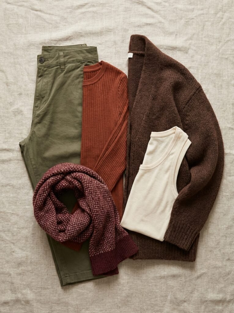 Flat lay of olive, rust, chocolate, cream, and burgundy clothing pieces