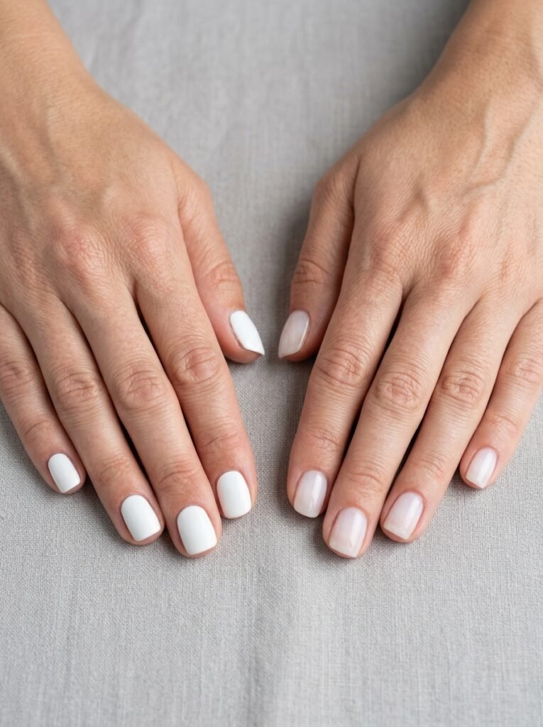 Comparison of opaque white nails beside translucent milky white nails