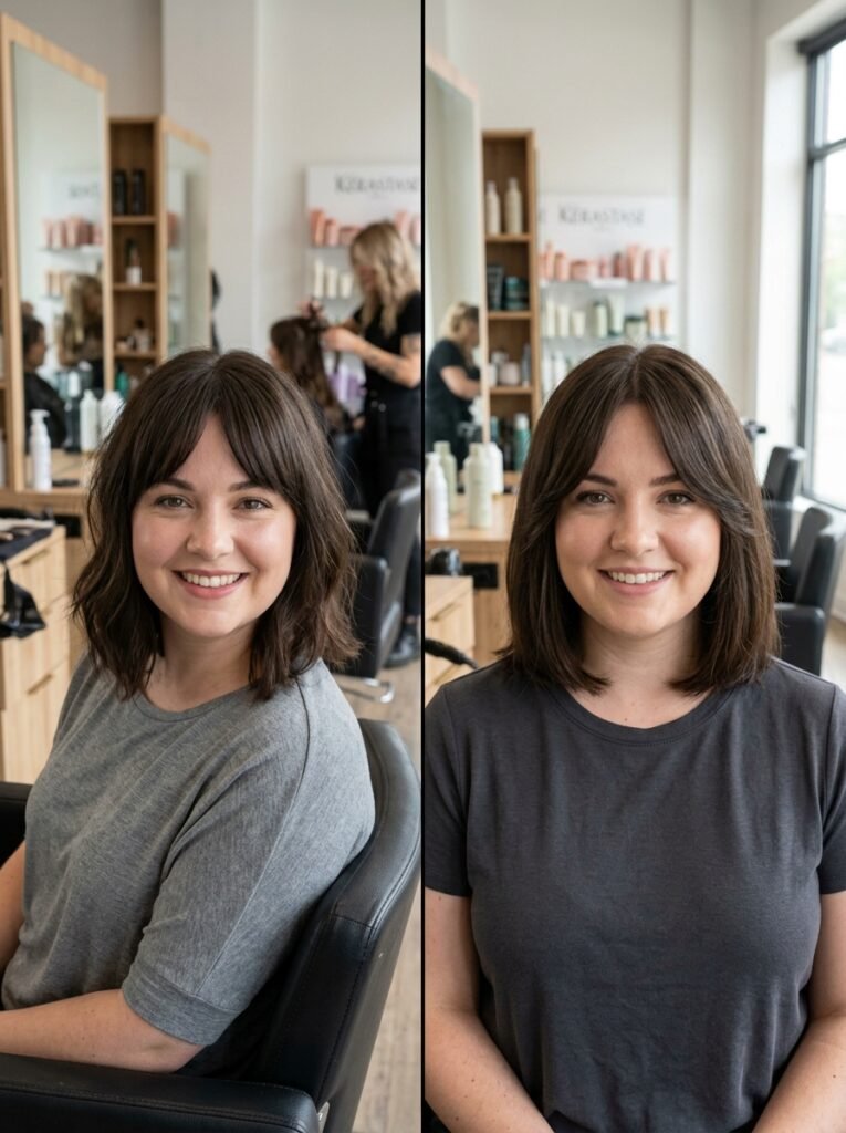 Comparison of short versus long curtain bangs on round face shapes