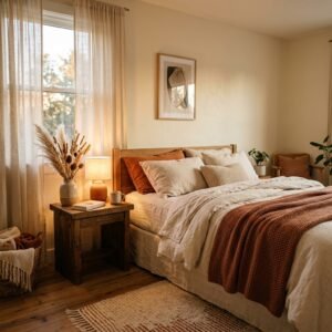 Cozy budget bedroom with layered bedding and warm lamp lighting