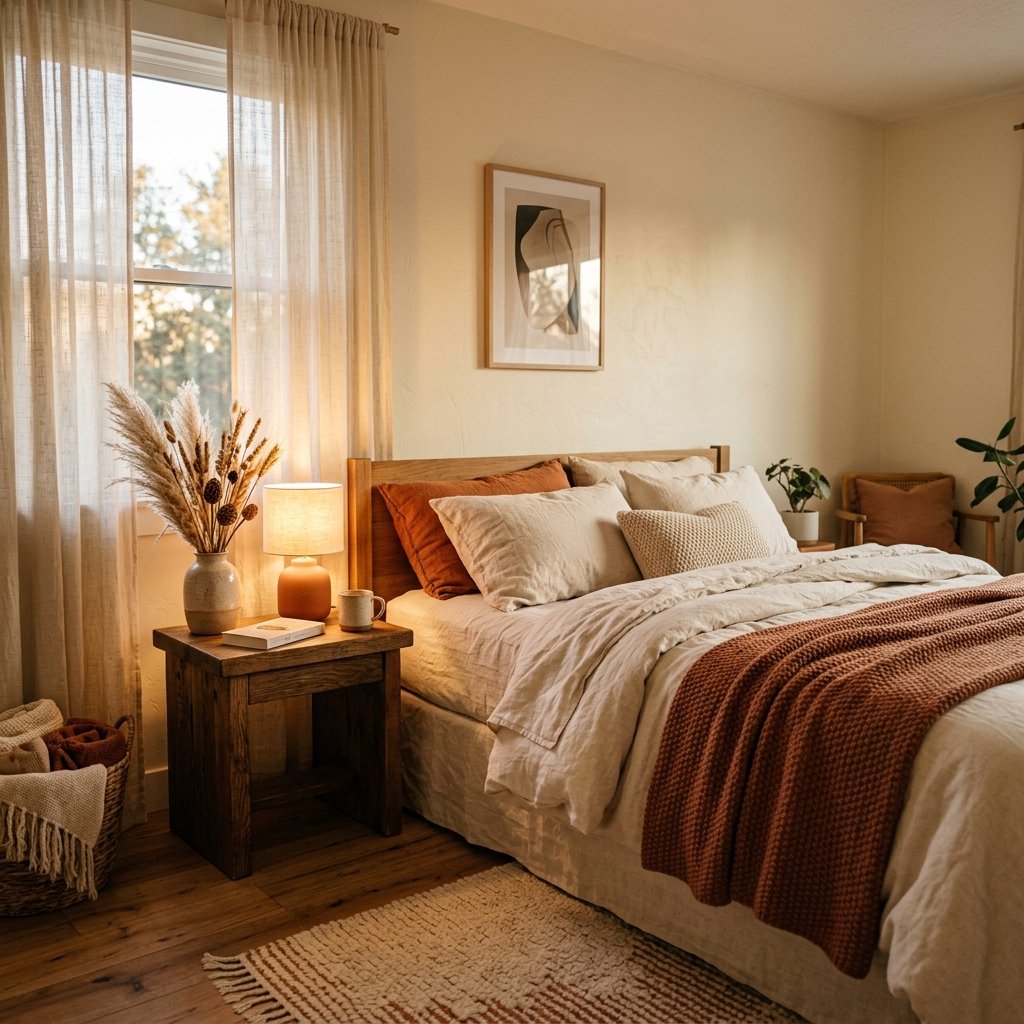Cozy budget bedroom with layered bedding and warm lamp lighting