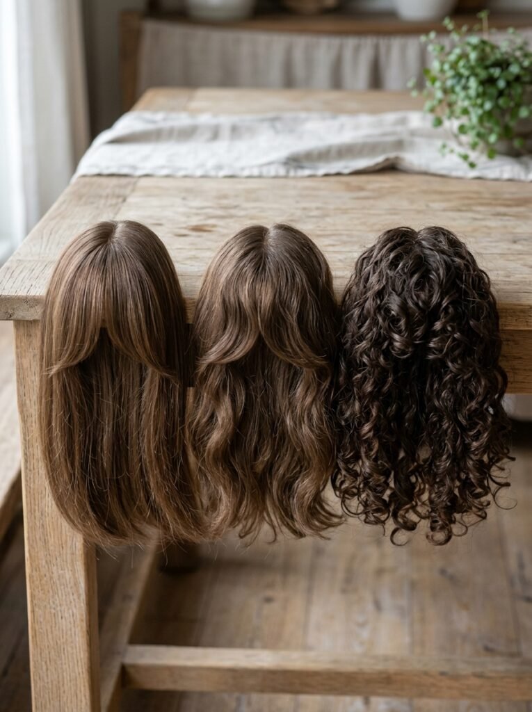 Curtain bangs shown on straight, wavy, and curly hair textures