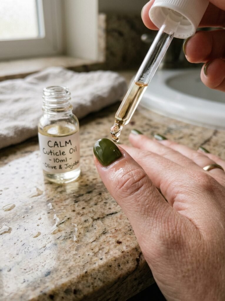 Cuticle oil applied to a nail painted in deep olive green polish
