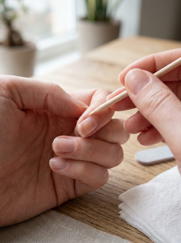 Cuticles being gently pushed back during nail prep with a file and wipes nearby