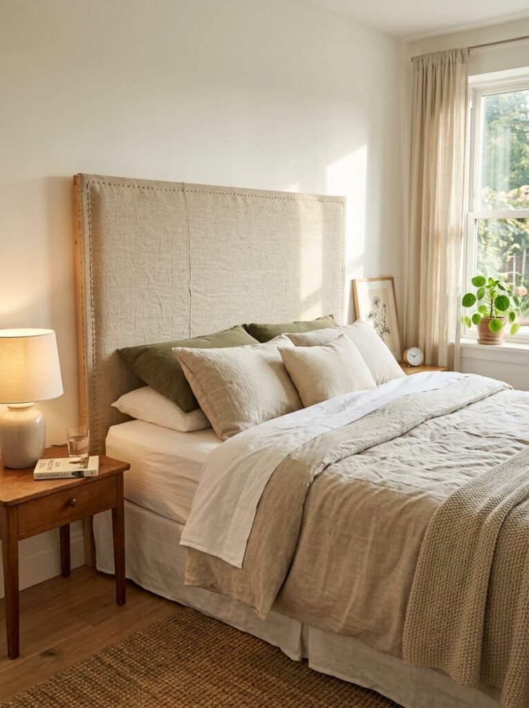 DIY fabric headboard mounted behind a budget bedroom bed