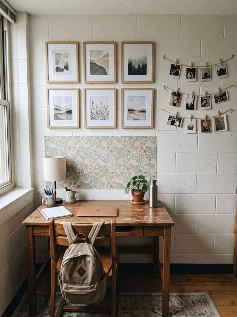 Dorm wall with a framed print grid, photo string, and peel and stick wallpaper panel