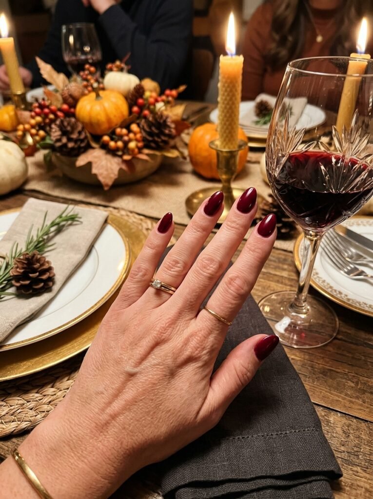 Deep wine red Thanksgiving manicure resting on a set dinner table