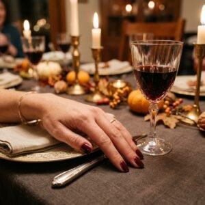 Deep wine red Thanksgiving manicure resting on a set dinner table