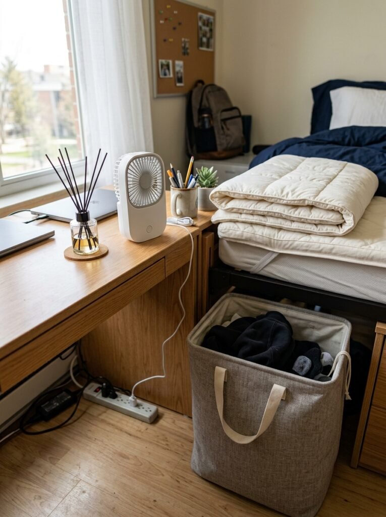 Reed diffuser, small fan, mattress topper, and fabric laundry hamper in a dorm room