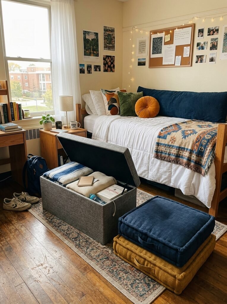 Storage ottoman, floor cushions, and a bed with a bolster pillow used as dorm seating