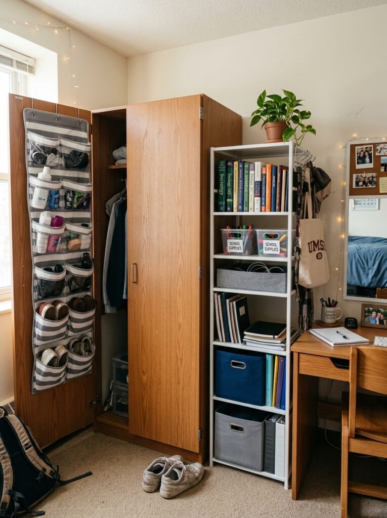 Narrow shelving, door organizer, and wardrobe hooks used for vertical dorm storage