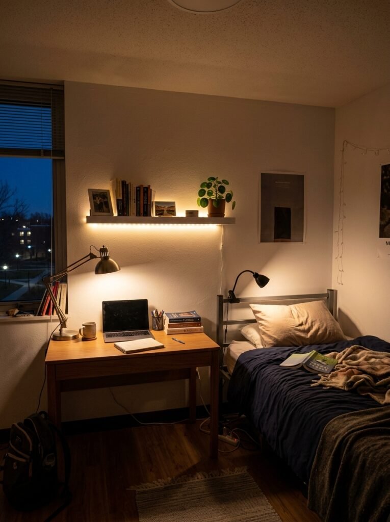 Dorm room lit by a desk lamp, clip lamp, and LED strip with the ceiling light off