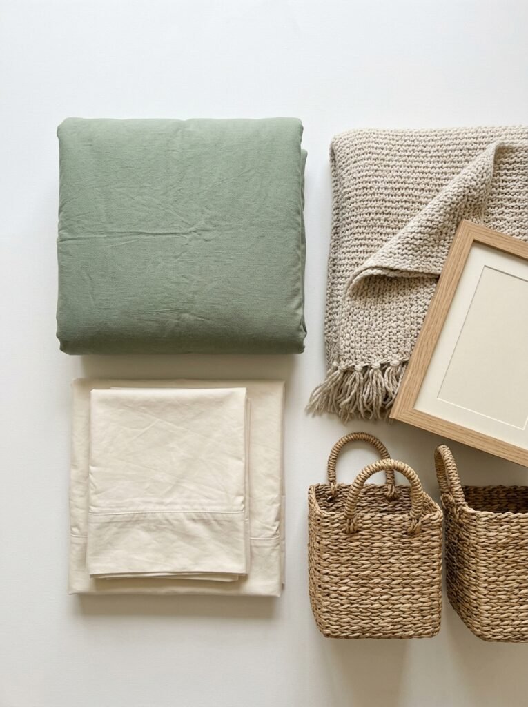 Flat lay of dorm bedding and baskets in a coordinated sage and cream palette
