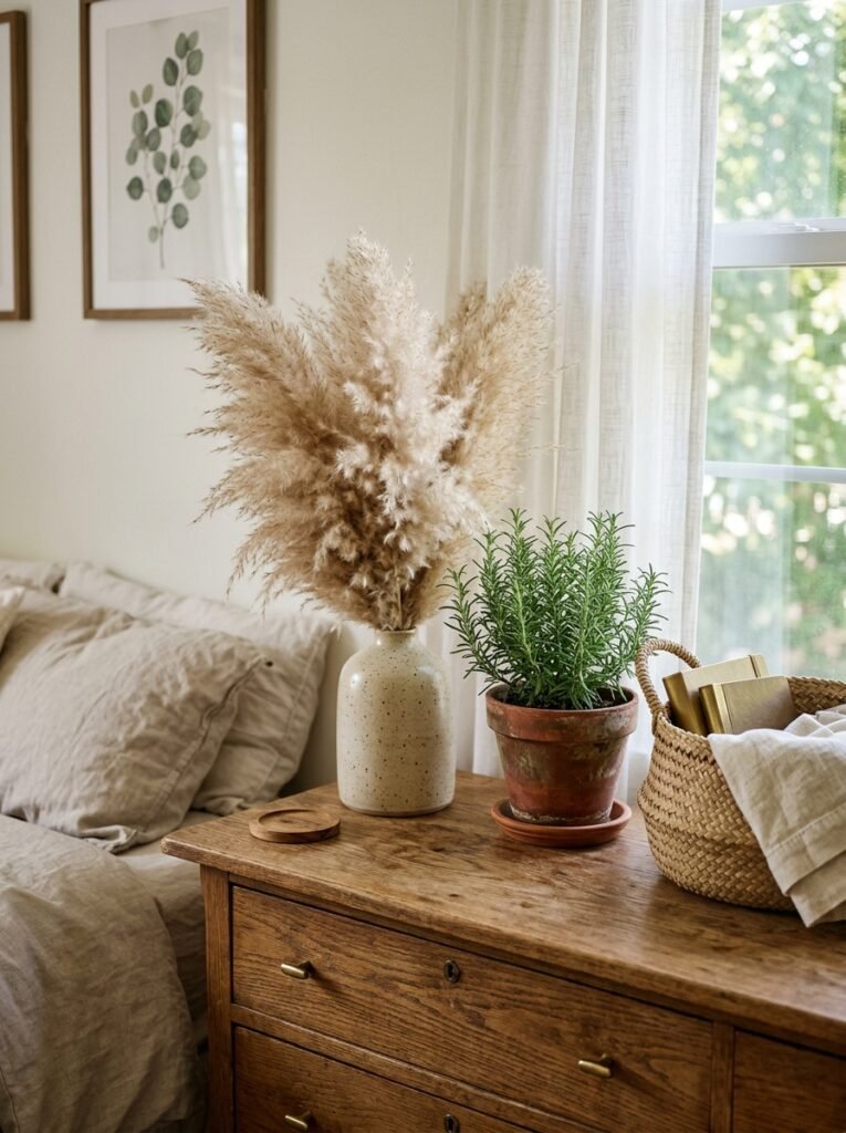 Dried grasses and a small plant styled on a bedroom dresser