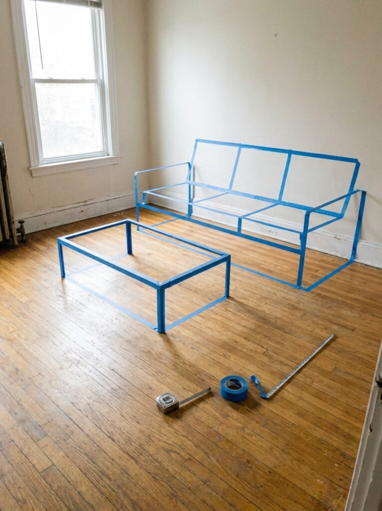 Painter's tape outlining furniture placement on an empty living room floor