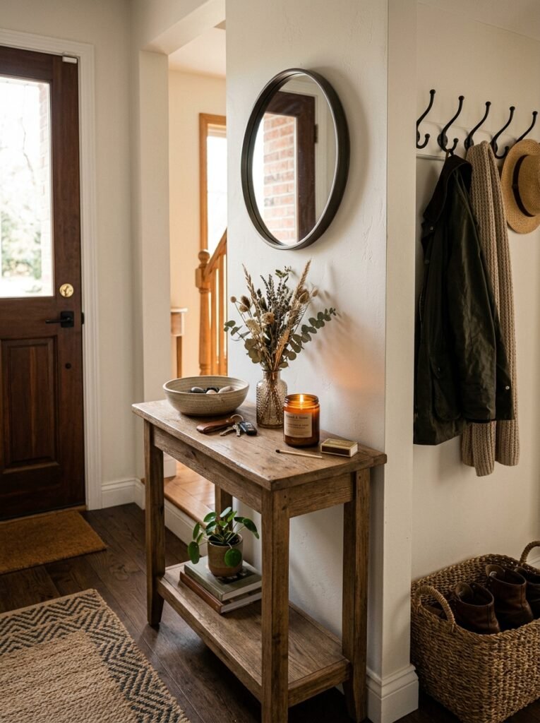 Entryway console table styled with a bowl, dried stems, and a candle