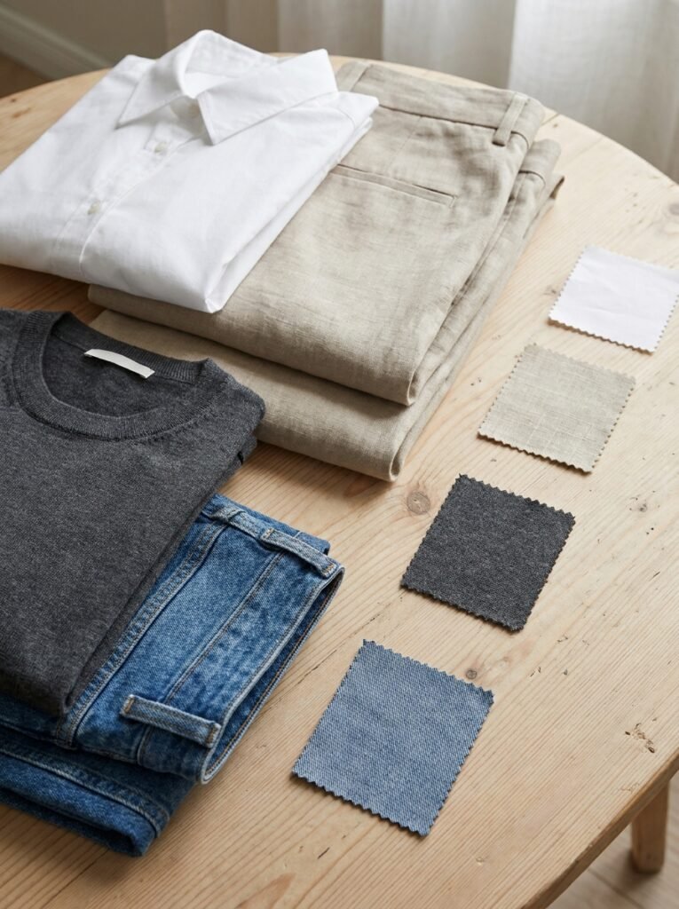 Folded cotton, linen blend, knit, and denim garments arranged on a wooden surface