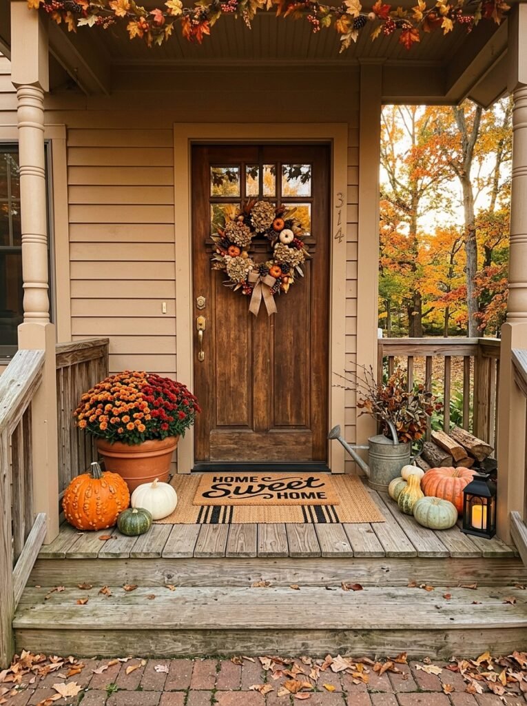 Fall-decorated front porch with a textured wreath, layered mats, and varied pumpkins