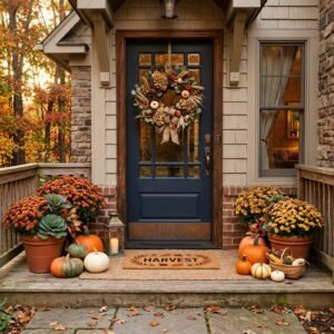 Fall-decorated front porch with a textured wreath, layered mats, and varied pumpkins