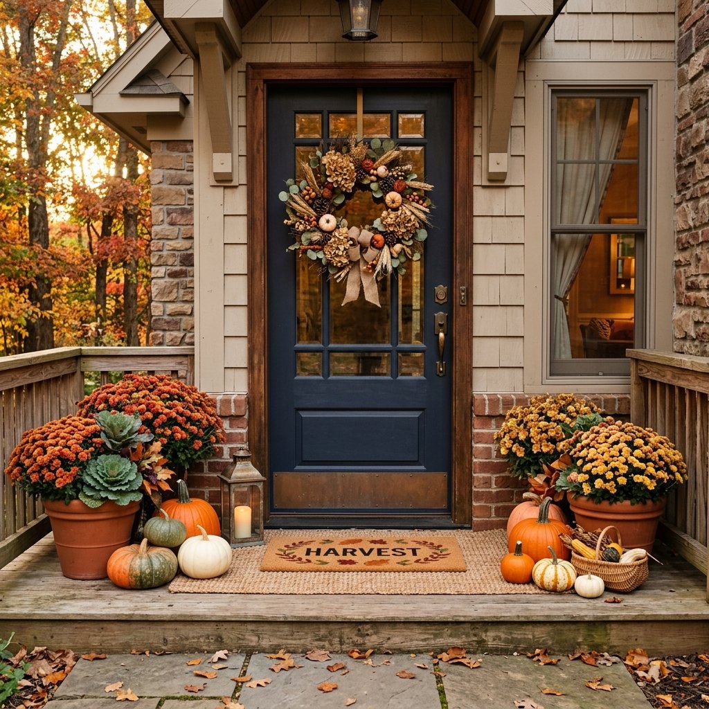 Fall-decorated front porch with a textured wreath, layered mats, and varied pumpkins