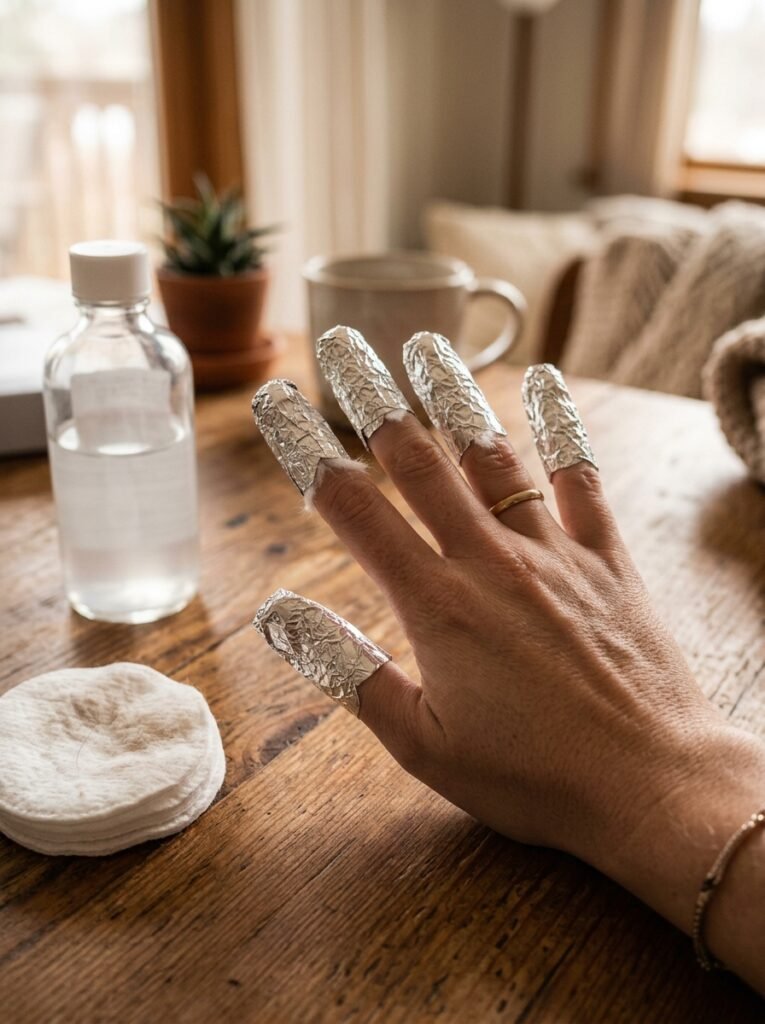 Fingertips wrapped in foil for gel polish removal with cotton pads nearby