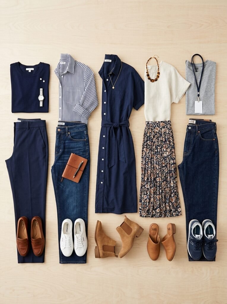 Five teacher outfits laid out flat for the first week back at school