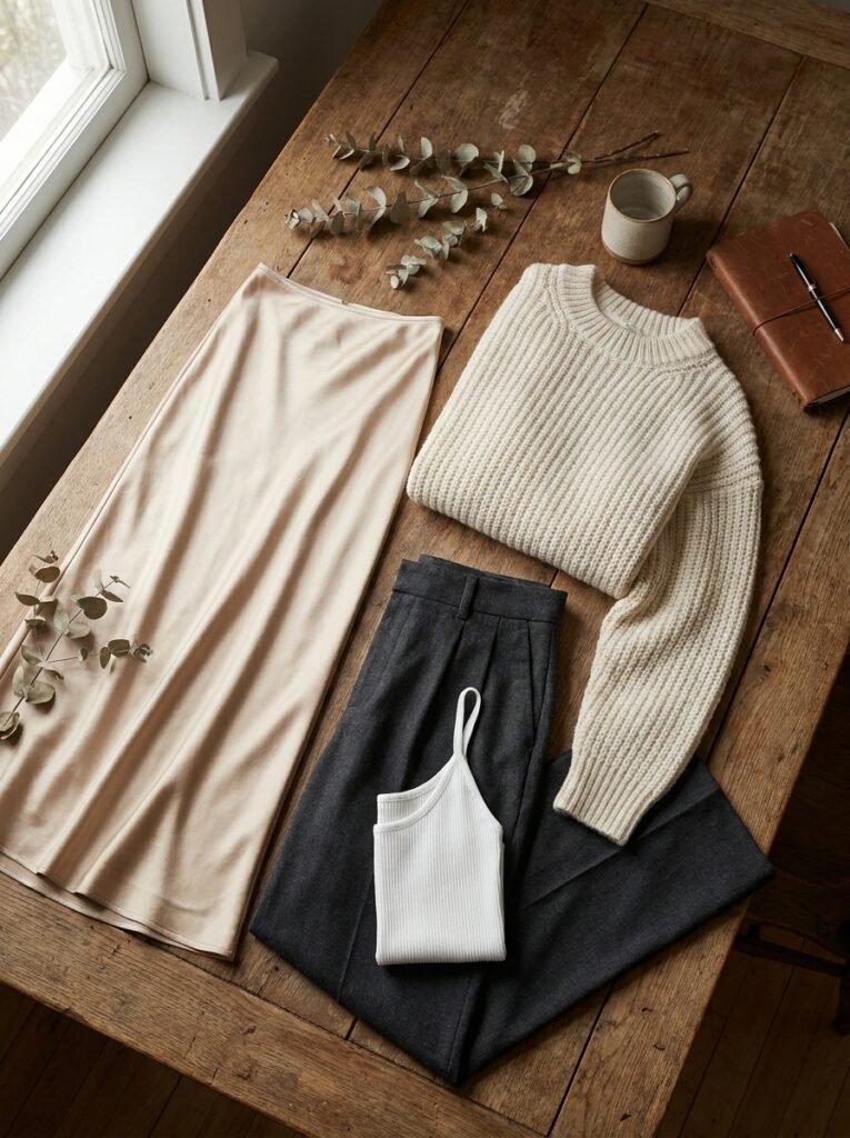 Flat lay of a silk slip skirt, chunky knit sweater, and wide-leg trousers styled for a fall date outfit