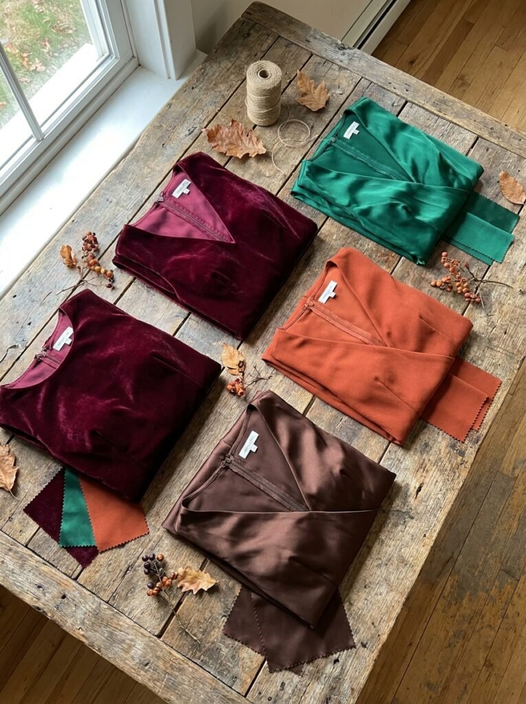 Flat lay of burgundy, emerald, rust, and brown fabric swatches for fall wedding attire