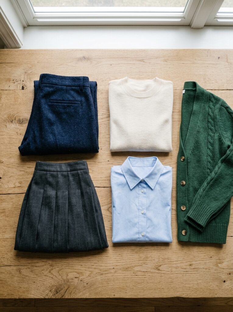 Flat lay of business casual fall trousers, skirt, knit top, and cardigan