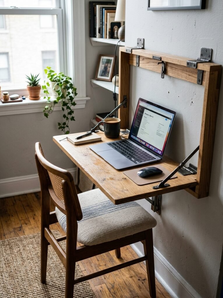 Fold-down desk mounted against a studio apartment wall
