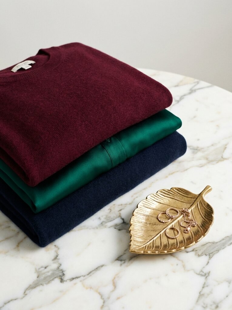 Folded clothing in garnet, emerald, and ink navy jewel tones for a fall date night color palette