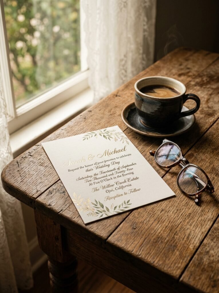 Formal wedding invitation card on a wooden table with reading glasses nearby