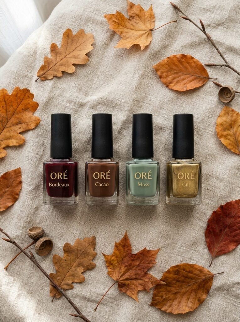 Four nail polish bottles in wine, brown, sage and gold on a linen tablecloth