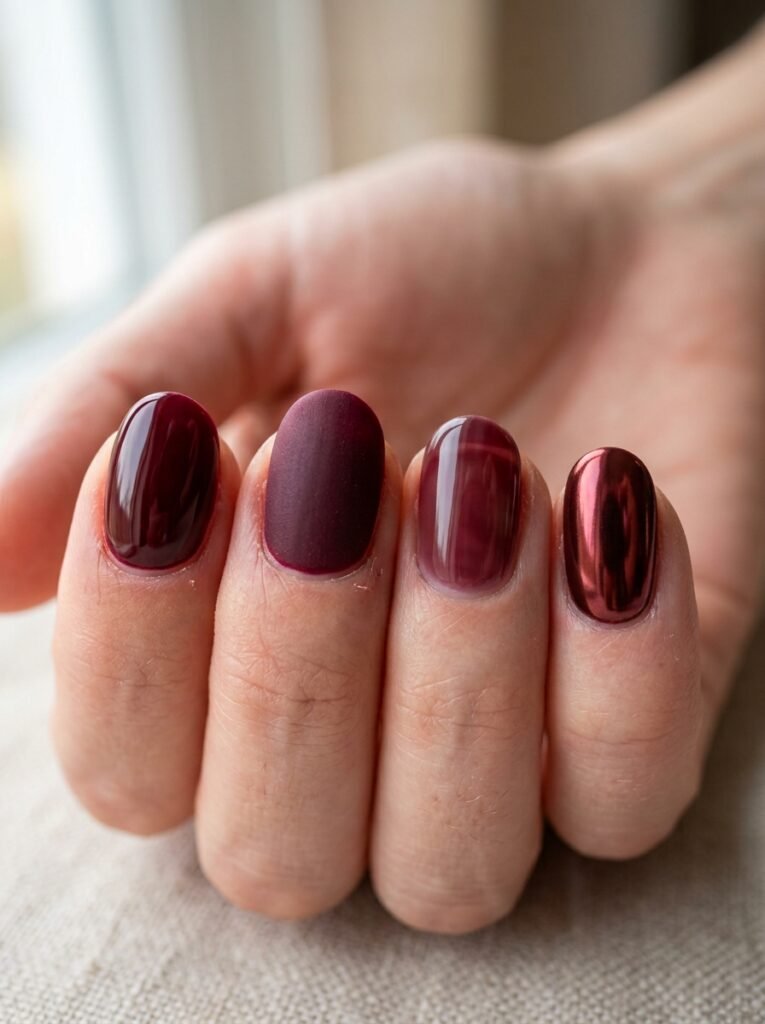 Four nails in the same burgundy shade shown in gloss, matte, jelly and chrome finishes