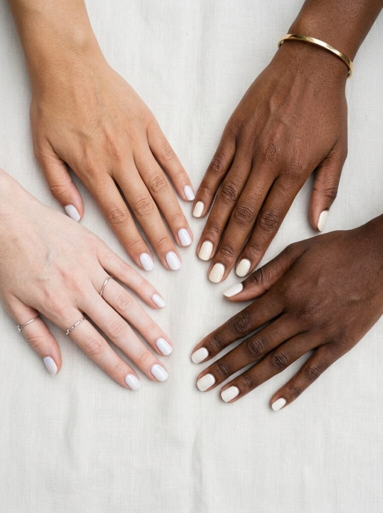 Four skin tones wearing different milky white nail shades from cool to warm